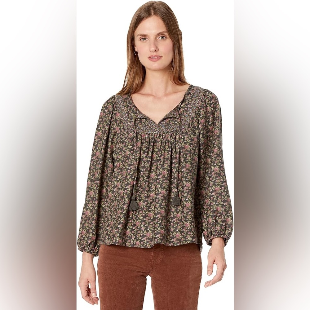 LUCKY BRAND Women’s Long Sleeve Mix Print Peasant Blouse-Black Multi-Size Small - Picture 8 of 12